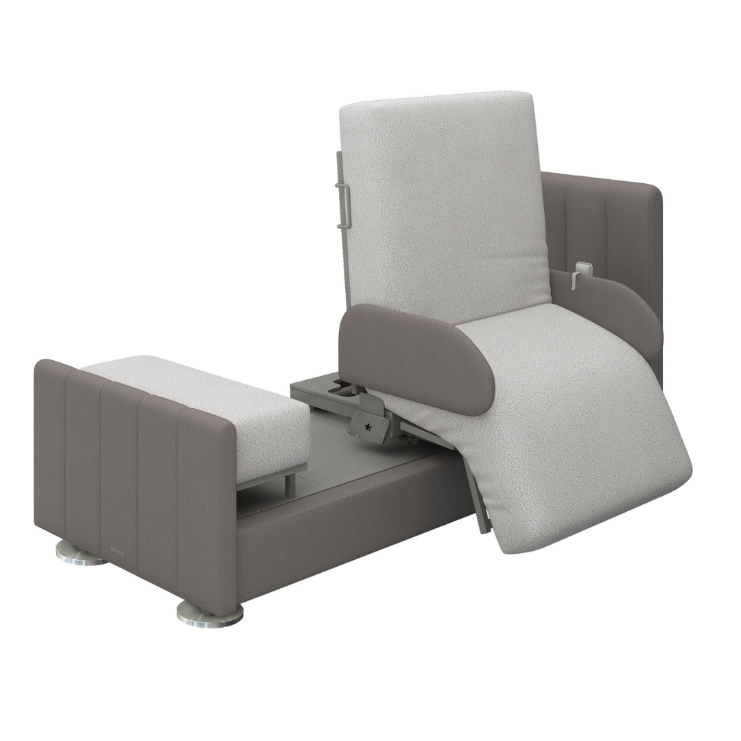 The Charme Starsleep Orin is a multifunctional armchair available in light grey fabric with dark grey armrests, elegant reclining, and a matching footrest. Its sleek design is ideal for any space. Additionally, it offers heat and massage functions with full electric lift assist capability.